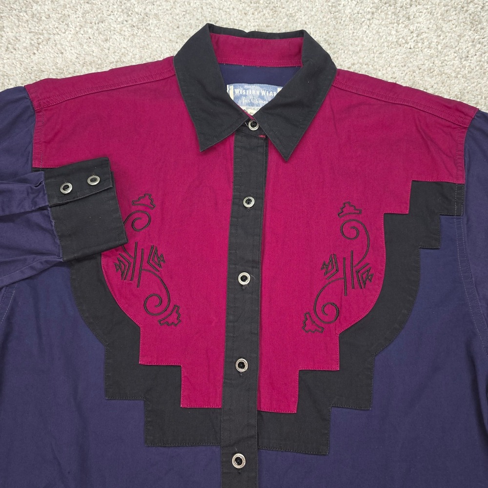 Vintage Wrangler Western Wear Women Navy Magenta Colorblock Embroidered Shirt L